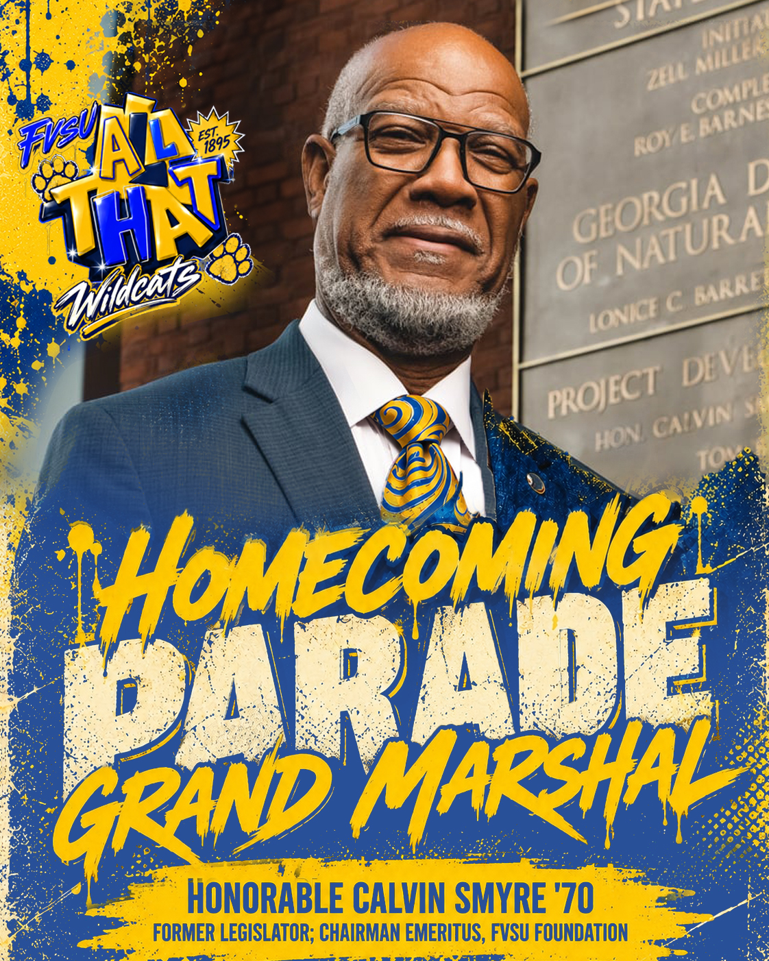 Promotional graphic for Fort Valley State University announcing the Homecoming Parade Grand Marshal.